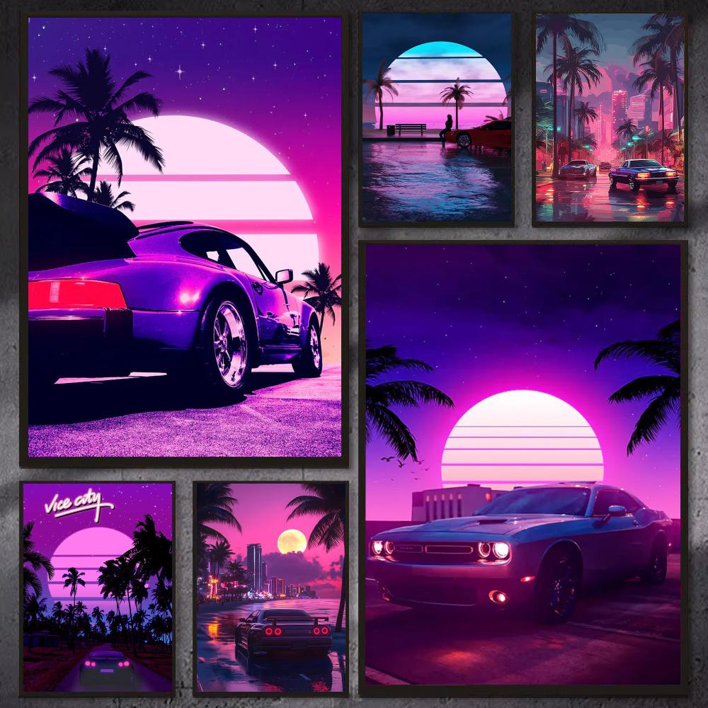 Cyberpunk 80s Retro car city P - Retro Poster Gaming review and price