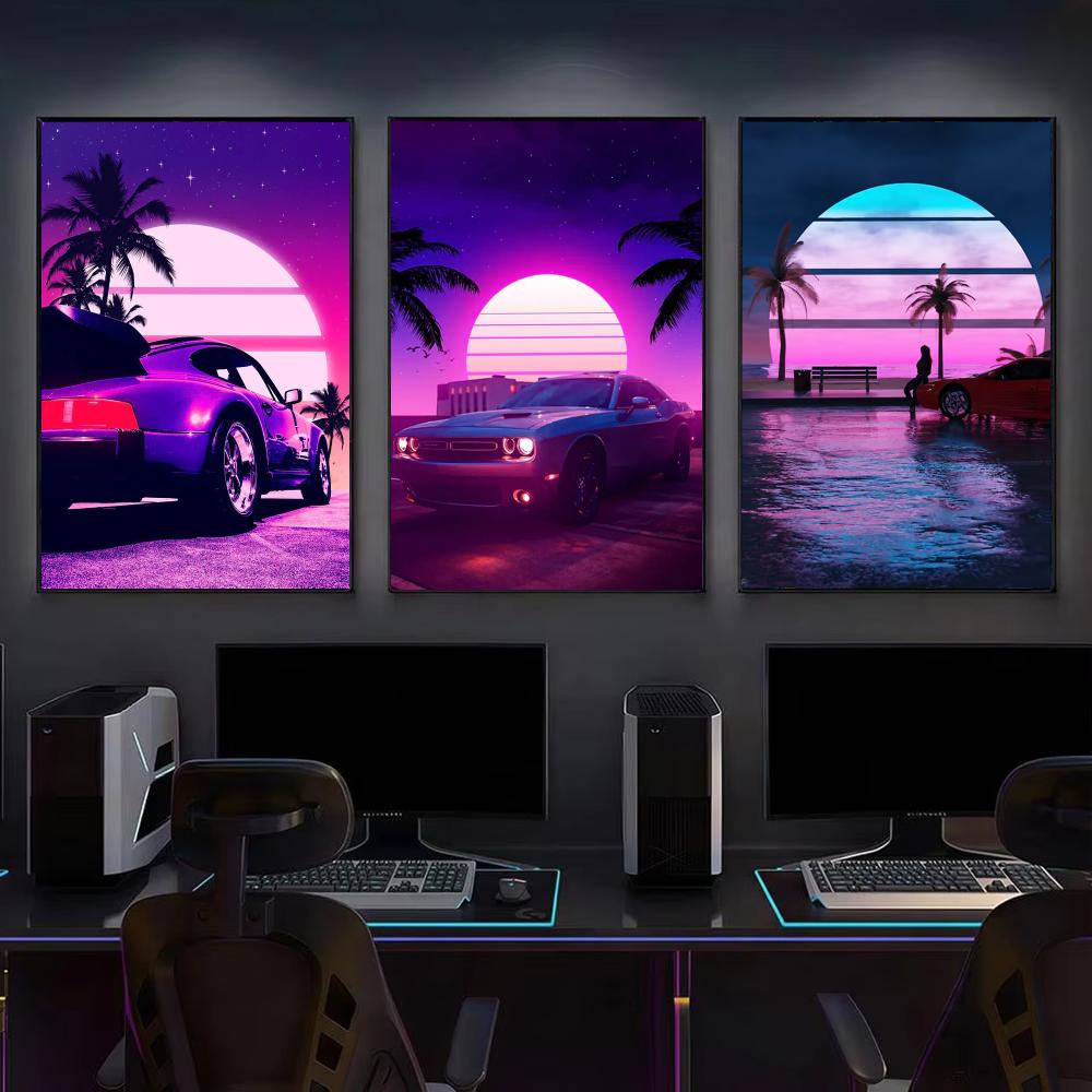 Cyberpunk 80s Retro car city P - Retro Poster Gaming review and price